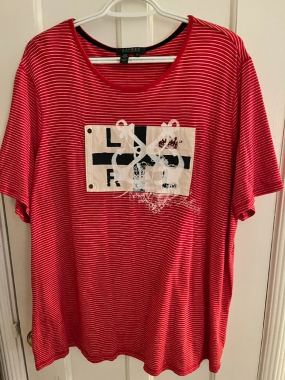 RALPH LAUREN NAUTICAL FLAG RED & WHITE STRIPED SHORT-SLEEVE T-SHIRT, 2X, EUC